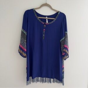 Maria Rerio Blue Tassel Boho Tunic Cover Up Size SM